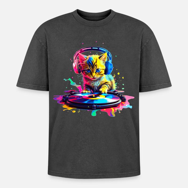 DJ Kitty – Rainbow - Oversized Unisex Premium Acid-Washed T-Shirt - acid washed black