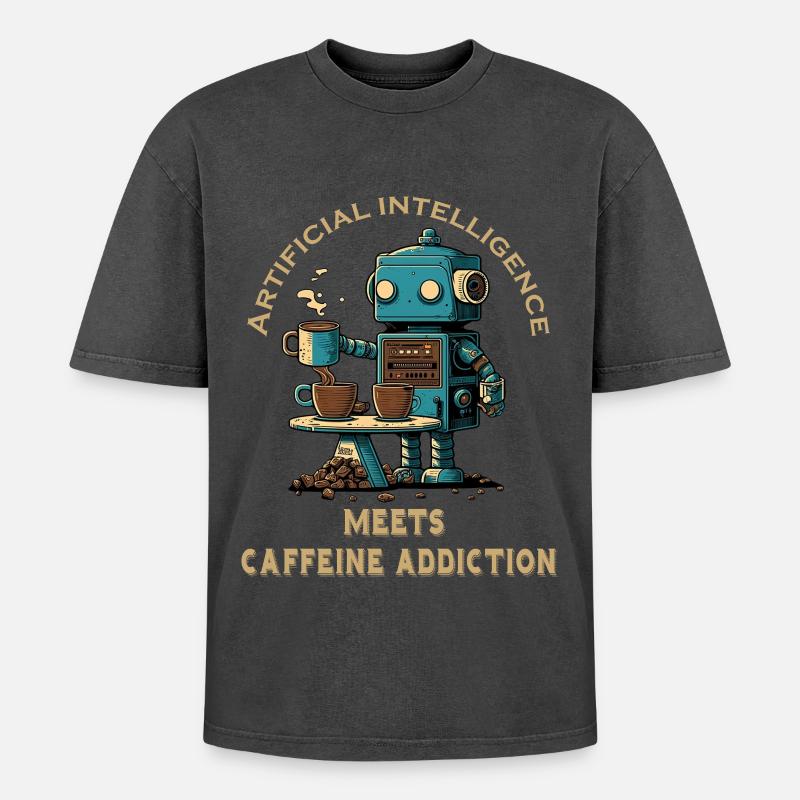 Artificial intelligence meets coffee addiction - Oversized Unisex Premium Acid-Washed T-Shirt - acid washed black