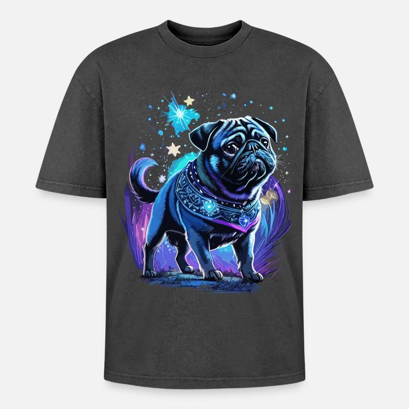 Mitternachtszauber Mops Hund - Oversized Unisex Premium Acid-Washed T-Shirt - Schwarz Acid Wash