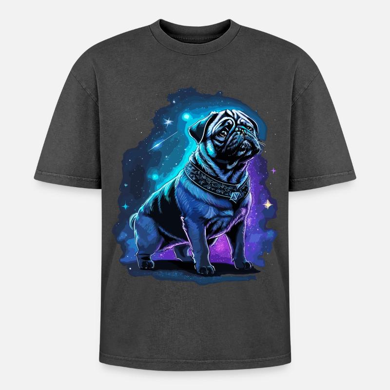 Neon Mops Hund Mitternachtszauber - Oversized Unisex Premium Acid-Washed T-Shirt - Schwarz Acid Wash