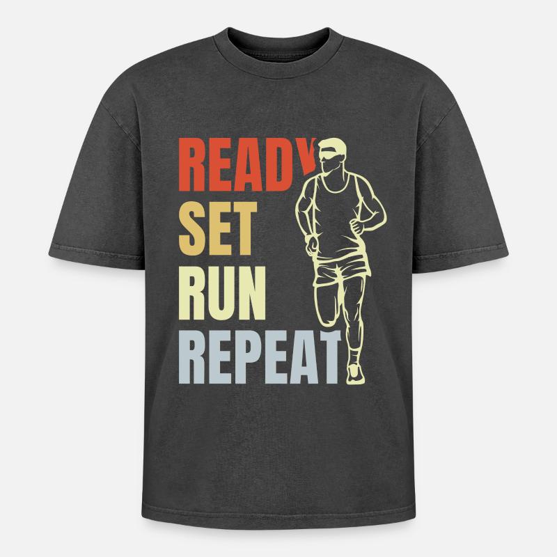 Ready Set Run Repeat - Oversized Unisex Premium Acid-Washed T-Shirt - Schwarz Acid Wash
