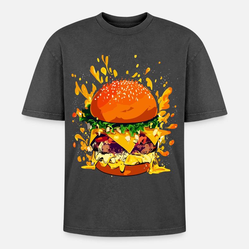 Extravaganter Cheeseburger mit Käse Splatter - Oversized Unisex Premium Acid-Washed T-Shirt - Schwarz Acid Wash