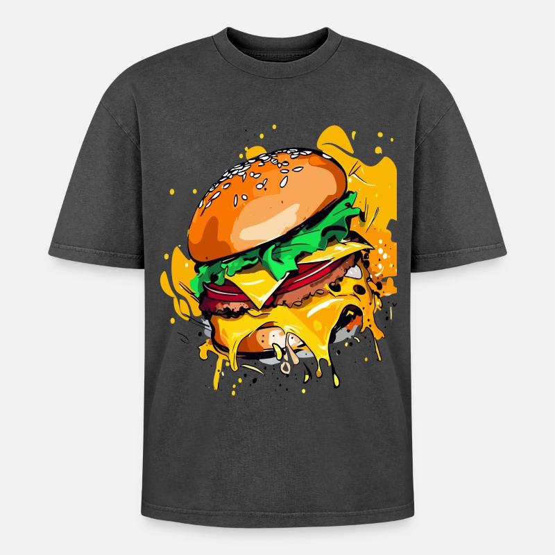 Extra Käse Burger Cheeseburge - Oversized Unisex Premium Acid-Washed T-Shirt - Schwarz Acid Wash
