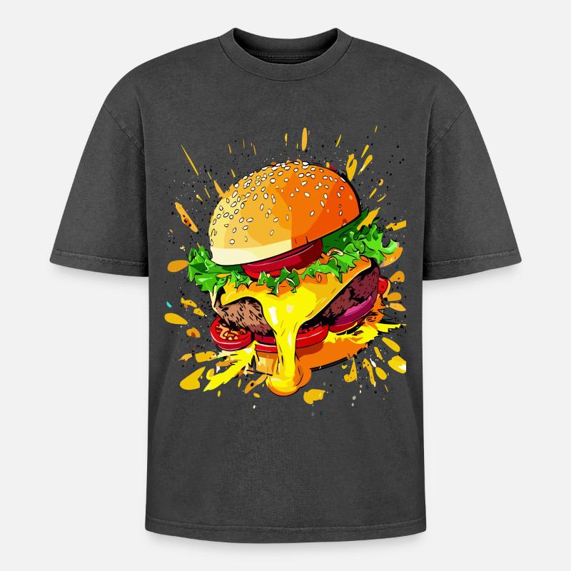 Extra Käse Burger Cheeseburger - Oversized Unisex Premium Acid-Washed T-Shirt - Schwarz Acid Wash