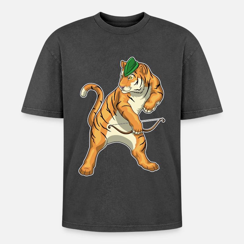 Tiger Bogenschütze Bogen - Oversized Unisex Premium Acid-Washed T-Shirt - Schwarz Acid Wash