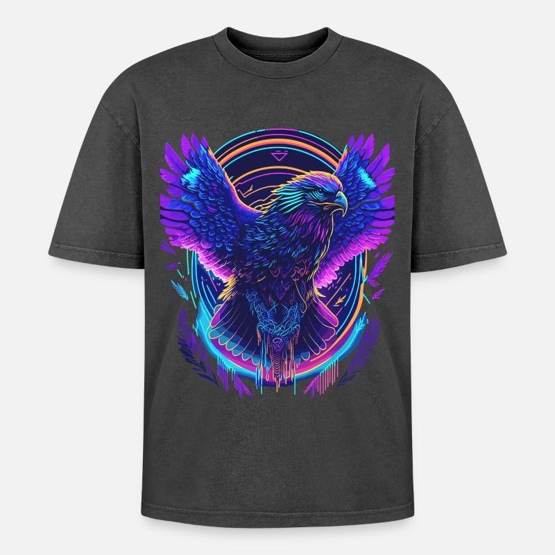 Flying Eagle Synthwave - Oversized Unisex Premium Acid-Washed T-Shirt - acid washed black