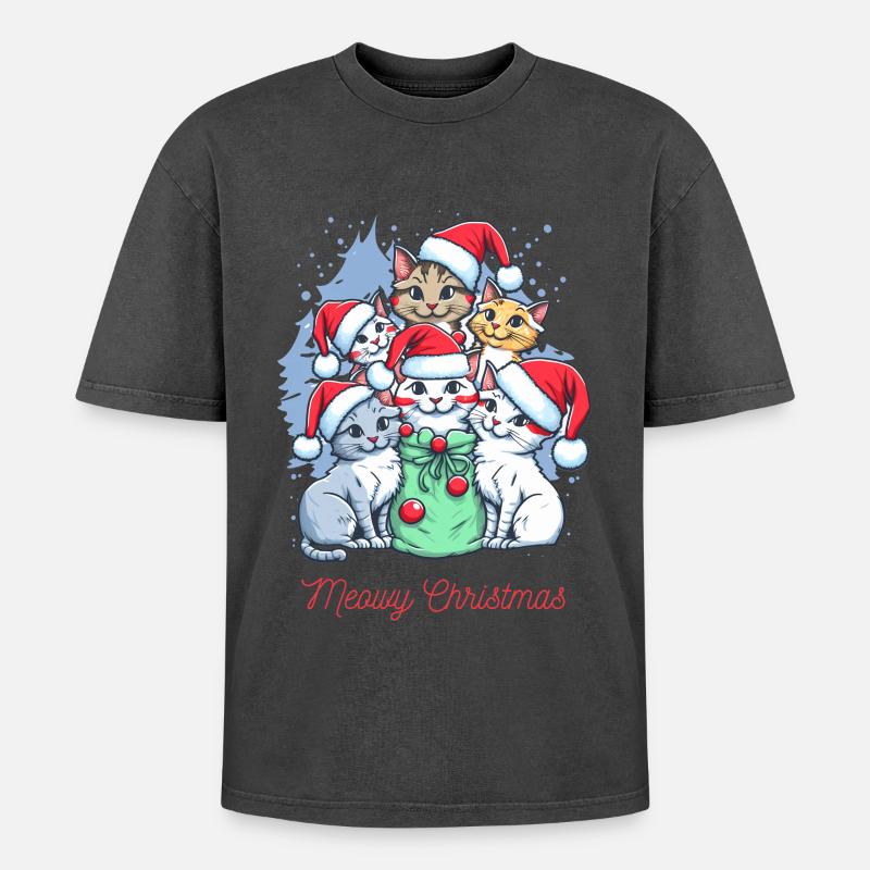 Conception de l’équipage de Noël de chat festif - T-shirt Premium unisexe oversize acid-washed - noir délavé acide