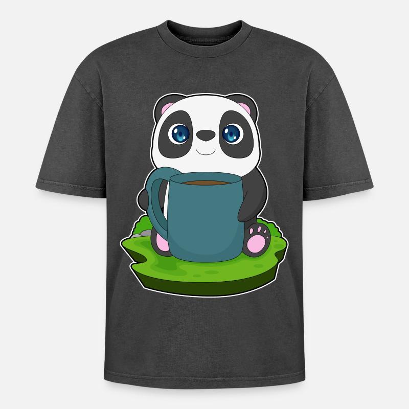 Panda Kaffee Becher - Oversized Unisex Premium Acid-Washed T-Shirt - Schwarz Acid Wash