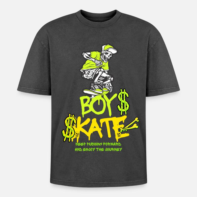 Junge Skateboarding Schädel Grafikdesign - Oversized Unisex Premium Acid-Washed T-Shirt - Schwarz Acid Wash