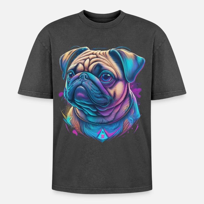 Pug Head - Oversized Unisex Premium Acid-Washed T-Shirt - acid washed black