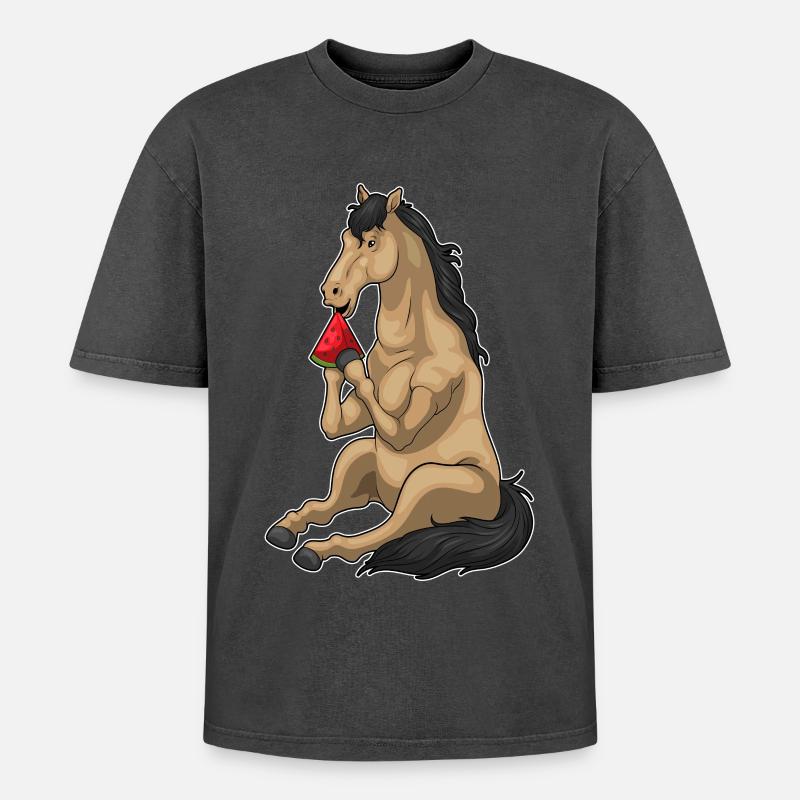 Cheval Pastèque Fruit - T-shirt Premium unisexe oversize acid-washed - noir délavé acide