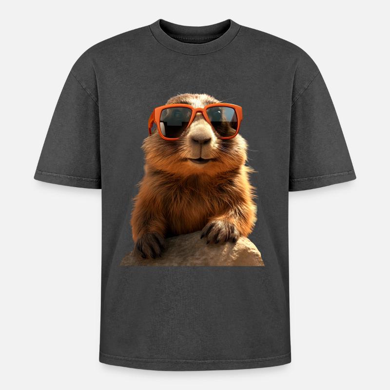 Murmeltier mit Sonnenbrille Nagetier Erdhörnchen - Oversized Unisex Premium Acid-Washed T-Shirt - Schwarz Acid Wash