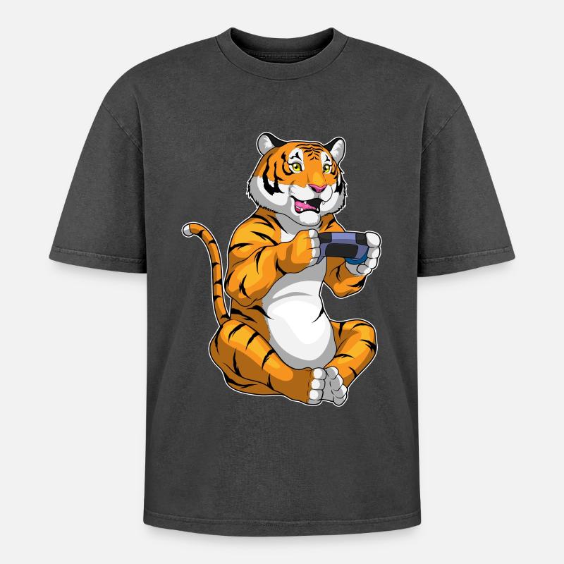 Tiger Gamer Controller - Oversized Unisex Premium Acid-Washed T-Shirt - acid washed black