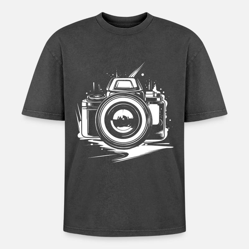 Camera Drawing - Oversized Unisex Premium Acid-Washed T-Shirt - acid washed black
