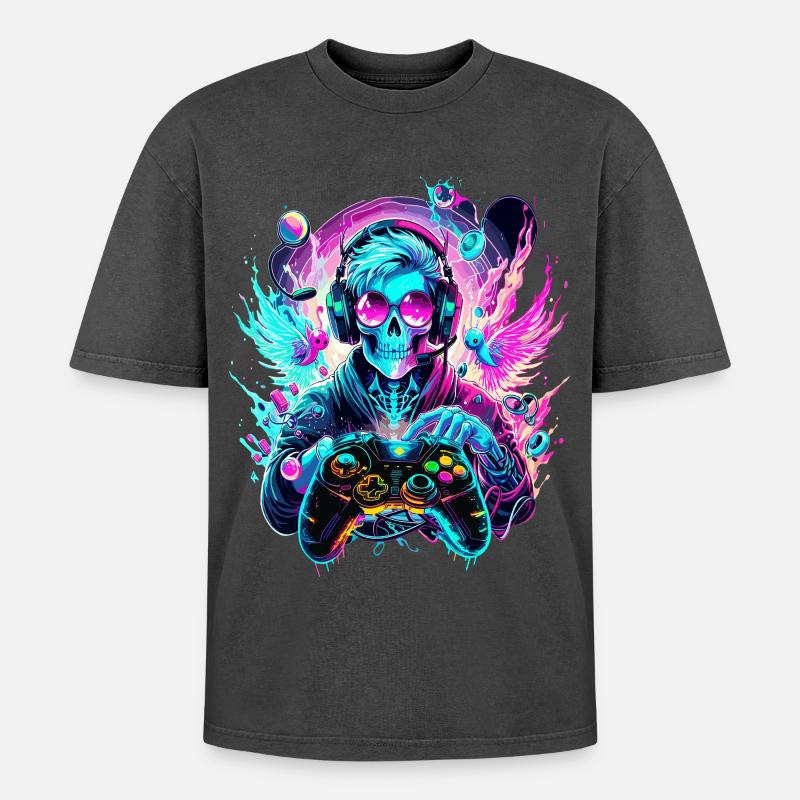 Synthwave Skull Gaming Controller Art - Oversized Unisex Premium Acid-Washed T-Shirt - Schwarz Acid Wash