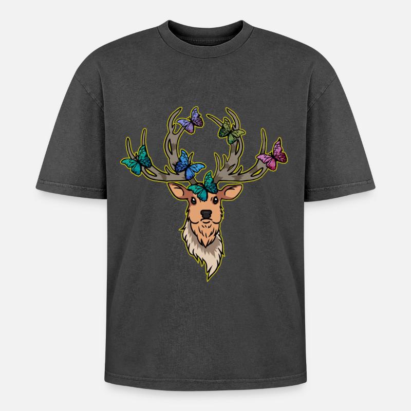 Hirsch Schmetterlinge Hirschkopf Frühling - Oversized Unisex Premium Acid-Washed T-Shirt - Schwarz Acid Wash