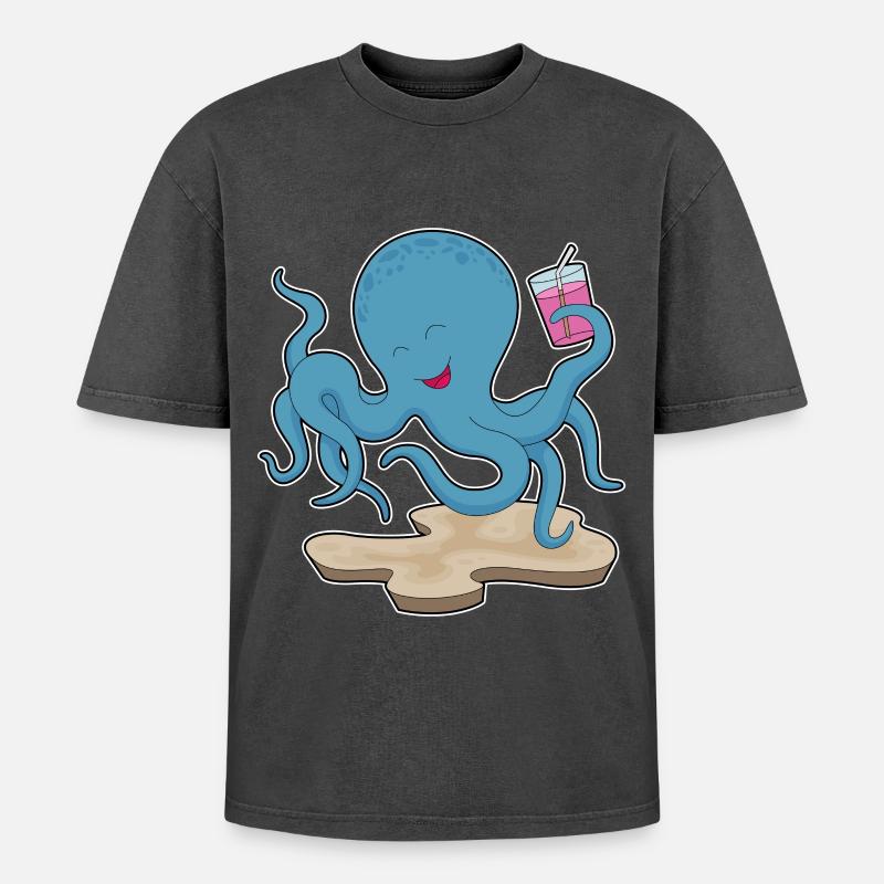 Krake Saft - Oversized Unisex Premium Acid-Washed T-Shirt - Schwarz Acid Wash