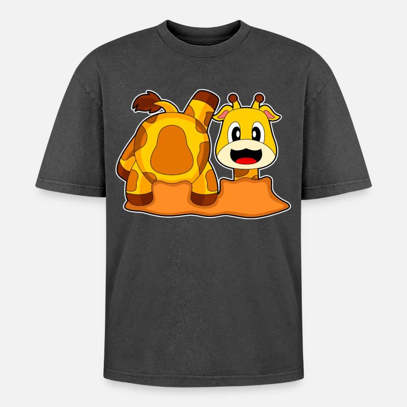 Giraffe Earth Hole - Oversized Unisex Premium Acid-Washed T-Shirt - acid washed black
