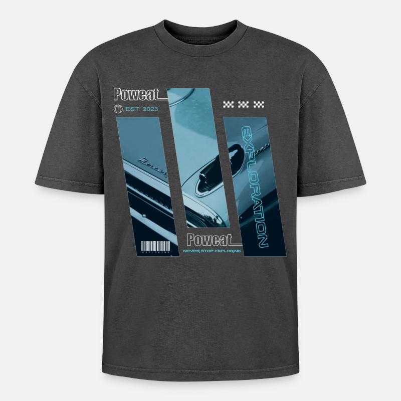 Never Stop Exploring - Oversized Unisex Premium Acid-Washed T-Shirt - Schwarz Acid Wash
