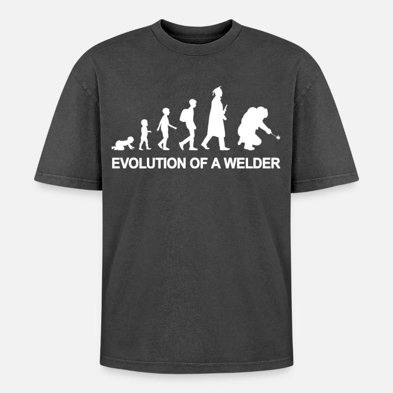 Evolution eines Schweißers - Oversized Unisex Premium Acid-Washed T-Shirt - Schwarz Acid Wash