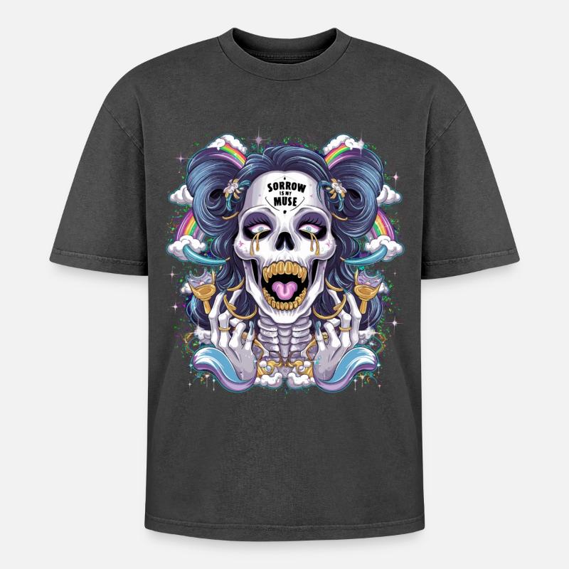 Glitzernder Skelettschädel mit Regenbogen - Oversized Unisex Premium Acid-Washed T-Shirt - Schwarz Acid Wash