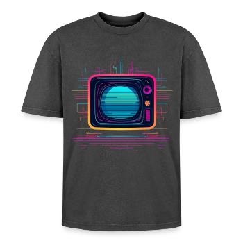 TV 80s Look - Oversized Unisex Premium Acid-Washed T-Shirt - acid washed black - Front - AI Model Female 172 light (172cm) & AI Model Male 185 light (185cm)