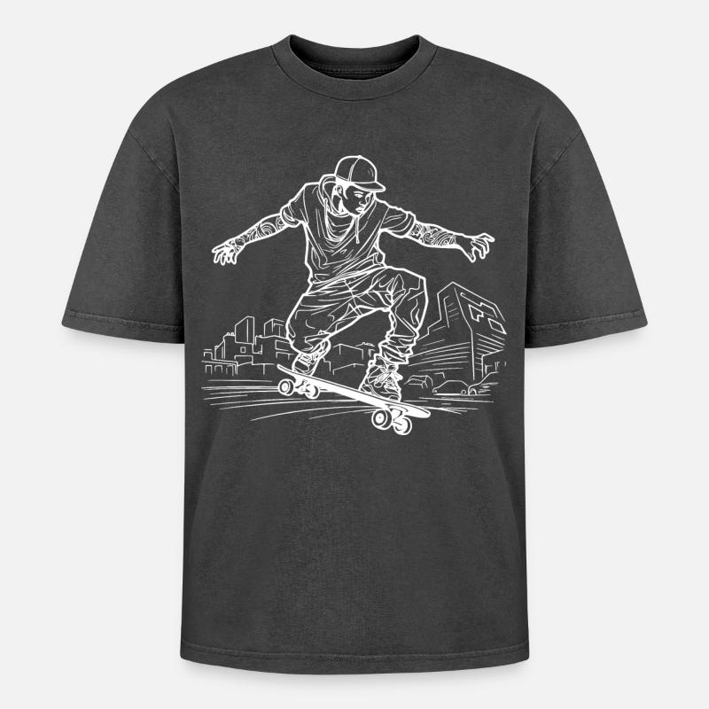 Dessin de skateboarder - T-shirt Premium unisexe oversize acid-washed - noir délavé acide
