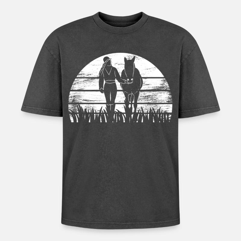 Pferd Mädchen - Oversized Unisex Premium Acid-Washed T-Shirt - Schwarz Acid Wash