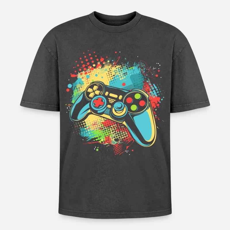 Gamepad - Oversized Unisex Premium Acid-Washed T-Shirt - Schwarz Acid Wash