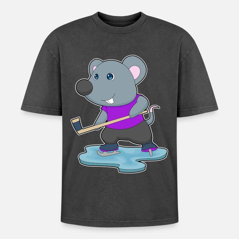 Maus Eishockey Eishockeyschläger - Oversized Unisex Premium Acid-Washed T-Shirt - Schwarz Acid Wash
