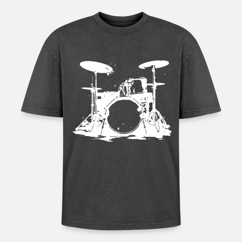 Drumset Sketch - Oversized Unisex Premium Acid-Washed T-Shirt - acid washed black
