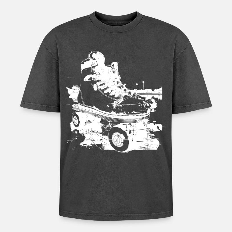 Rollerskates Grafik - Oversized Unisex Premium Acid-Washed T-Shirt - Schwarz Acid Wash