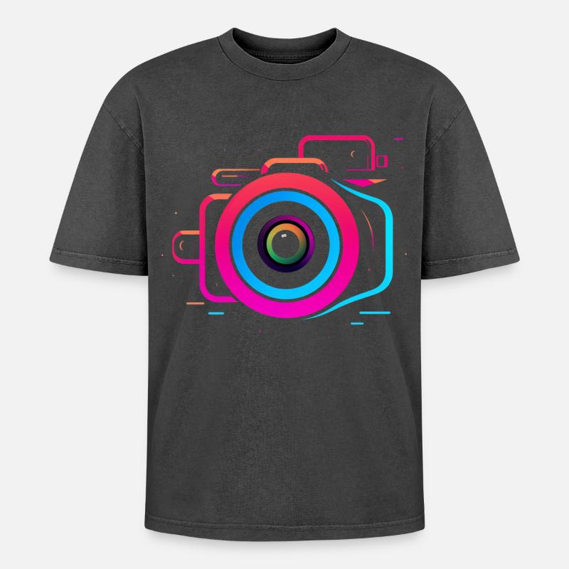 Camera Synthwave Style - Oversized Unisex Premium Acid-Washed T-Shirt - acid washed black