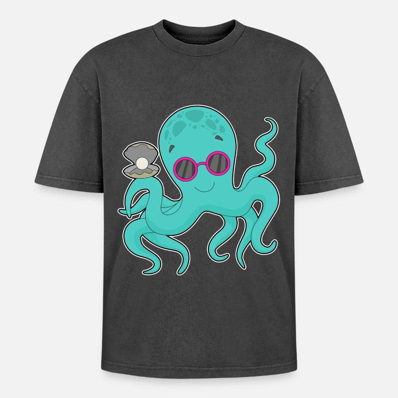 Krake Perle - Oversized Unisex Premium Acid-Washed T-Shirt - Schwarz Acid Wash