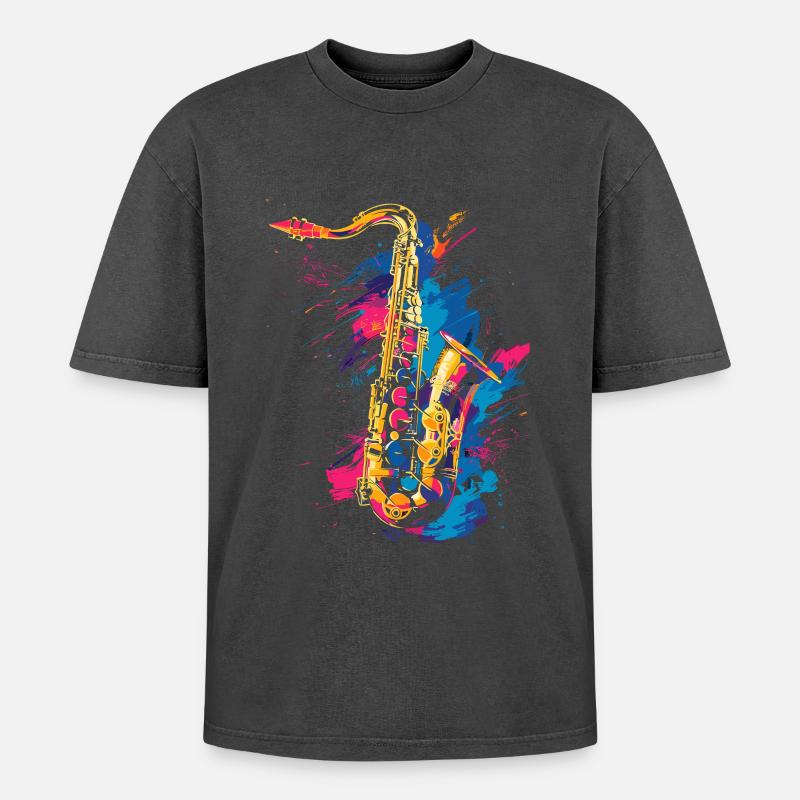 Saxophone Graffiti - Oversized Unisex Premium Acid-Washed T-Shirt - acid washed black