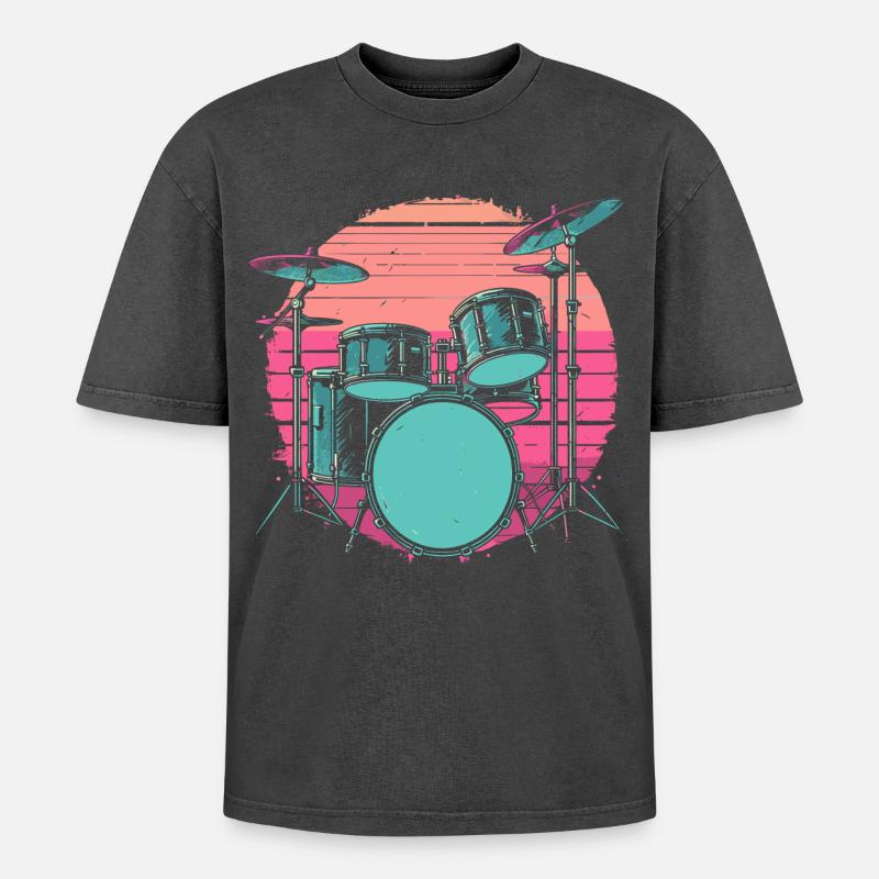 Schlagzeug Synthwave - Oversized Unisex Premium Acid-Washed T-Shirt - Schwarz Acid Wash