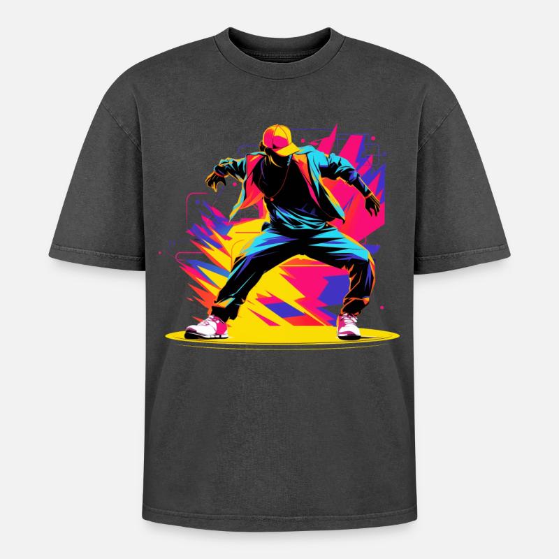 90er Farben Breakdancer - Oversized Unisex Premium Acid-Washed T-Shirt - Schwarz Acid Wash