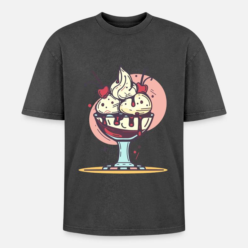 Eiscreme Grafik - Oversized Unisex Premium Acid-Washed T-Shirt - Schwarz Acid Wash