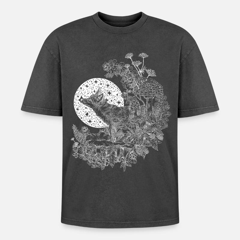 FOX & NIGHT SKY - Oversized Unisex Premium Acid-Washed T-Shirt - acid washed black