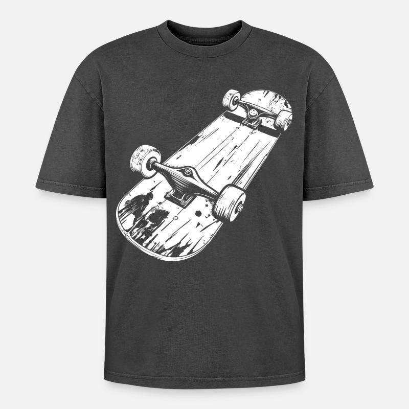 Skateboard Drawing - Oversized Unisex Premium Acid-Washed T-Shirt - acid washed black