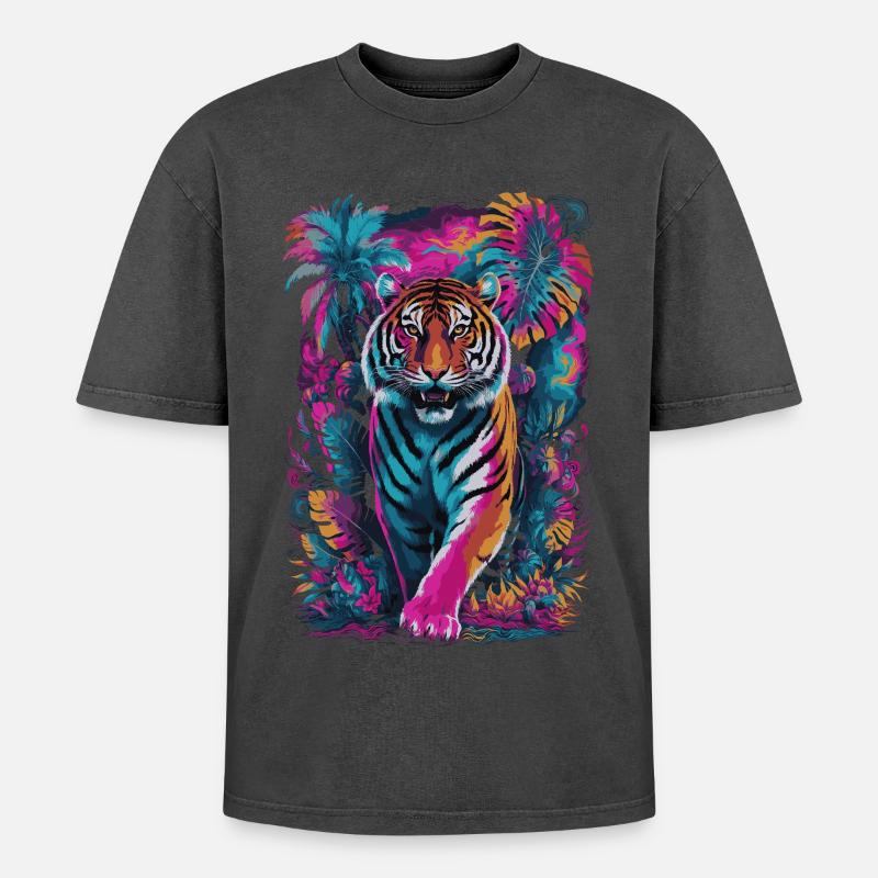 Psychedelischer Tiger im lebendigen Dschungel-Design - Oversized Unisex Premium Acid-Washed T-Shirt - Schwarz Acid Wash