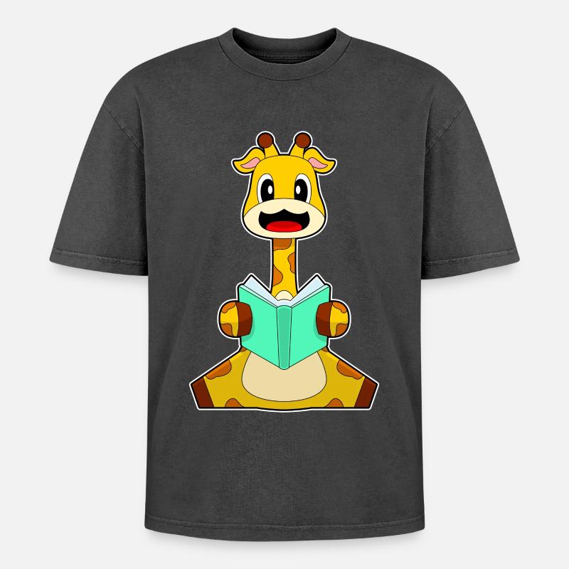 Giraffe Nerd Buch - Oversized Unisex Premium Acid-Washed T-Shirt - Schwarz Acid Wash