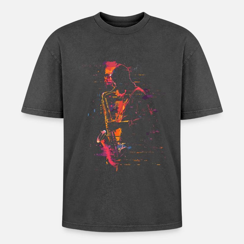Saxophonist Synthwave - Oversized Unisex Premium Acid-Washed T-Shirt - acid washed black
