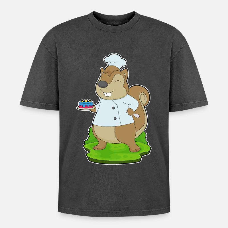 Squirrel Birthday Chef - Oversized Unisex Premium Acid-Washed T-Shirt - acid washed black