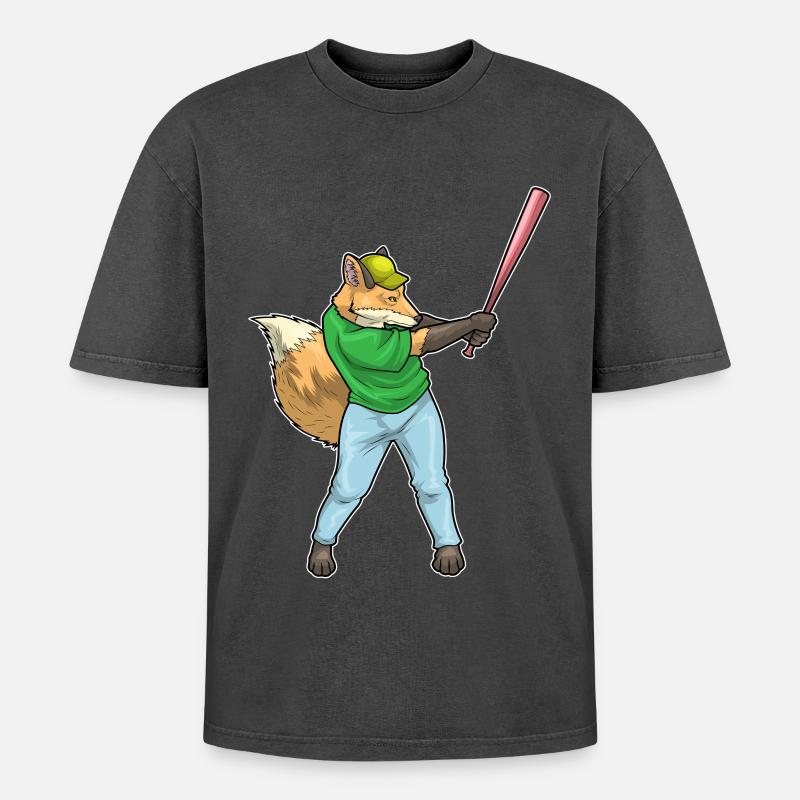 Fuchs Baseball Baseballschläger - Oversized Unisex Premium Acid-Washed T-Shirt - Schwarz Acid Wash