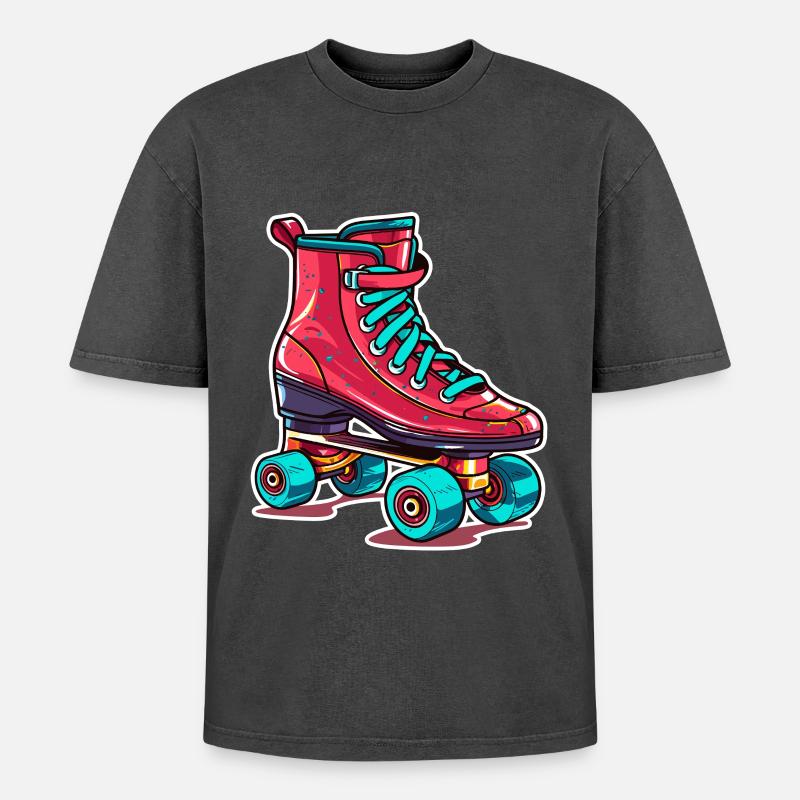 Rollerskates Grafik - Oversized Unisex Premium Acid-Washed T-Shirt - Schwarz Acid Wash