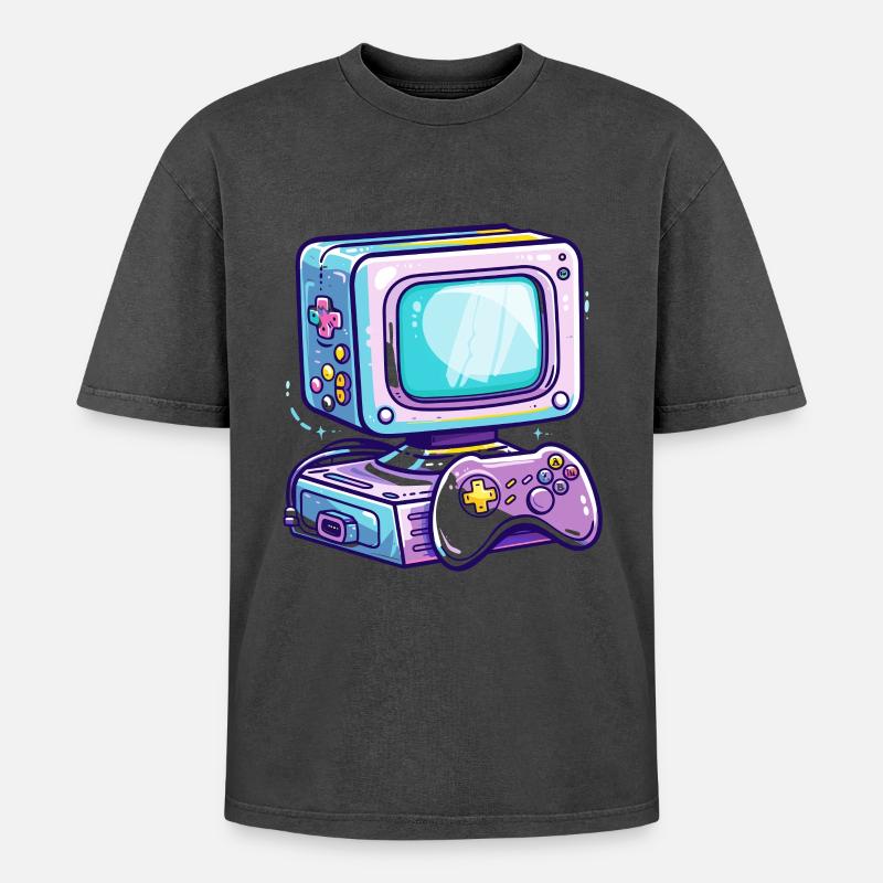 Gaming PC Comic Stil - Oversized Unisex Premium Acid-Washed T-Shirt - Schwarz Acid Wash