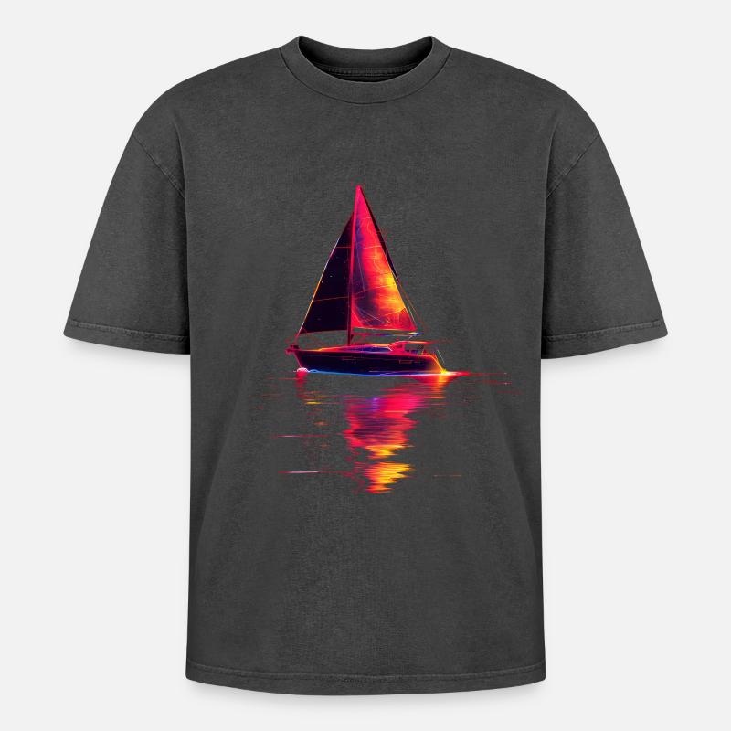 Sailing ship Retrowave - Oversized Unisex Premium Acid-Washed T-Shirt - acid washed black
