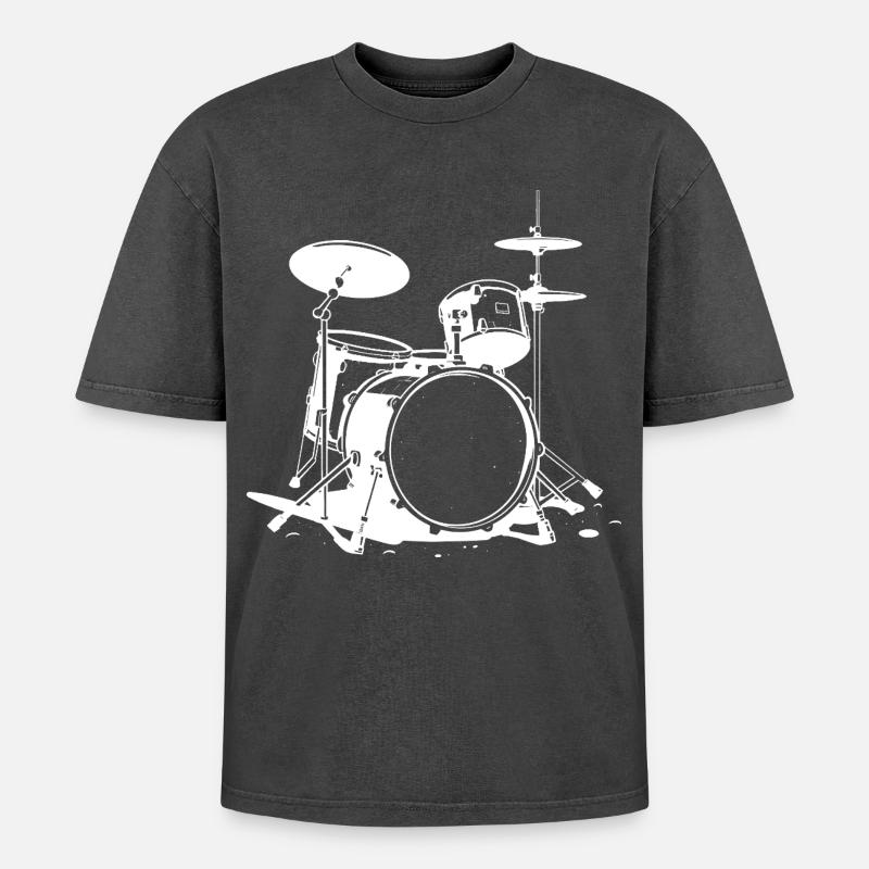 Drum Set Drawing - Oversized Unisex Premium Acid-Washed T-Shirt - acid washed black