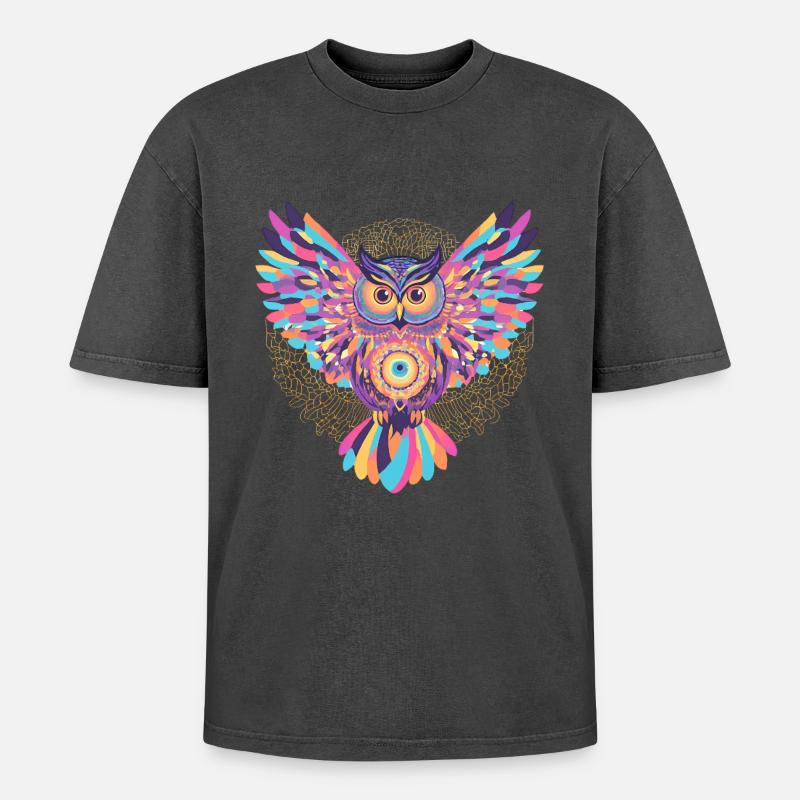 Regenbogenmandala-Eule - Oversized Unisex Premium Acid-Washed T-Shirt - Schwarz Acid Wash